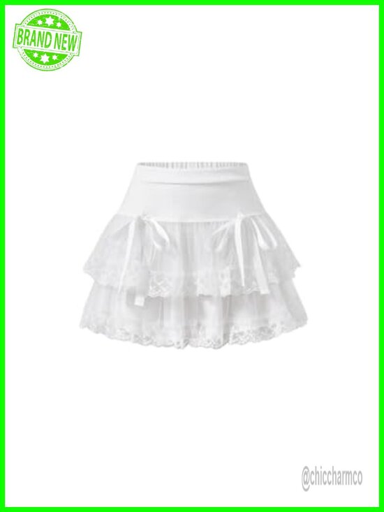 Dresses & Skirts - High Waist Embroidery Mesh Layered Hem Bowknot Y2k Mini Skirt